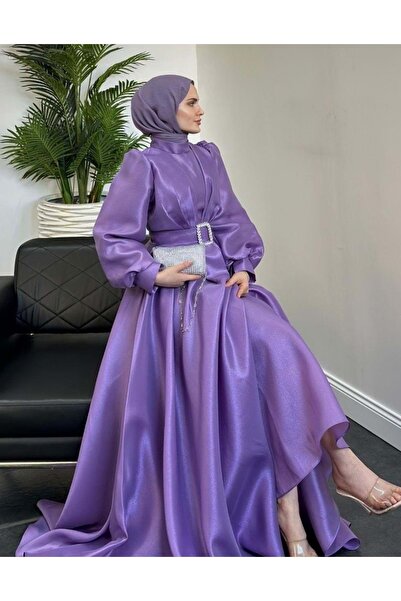 Tane 25Y4529 ELBİSE ABİYE TAFTA KUMAŞ PRENSES MODEL BALON KOL LİLA