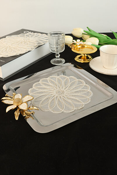 Yaren Style 6 Adet Yelpaze Krem Gold Simli Bardak Altlığı & Kokteyl Peçetesi