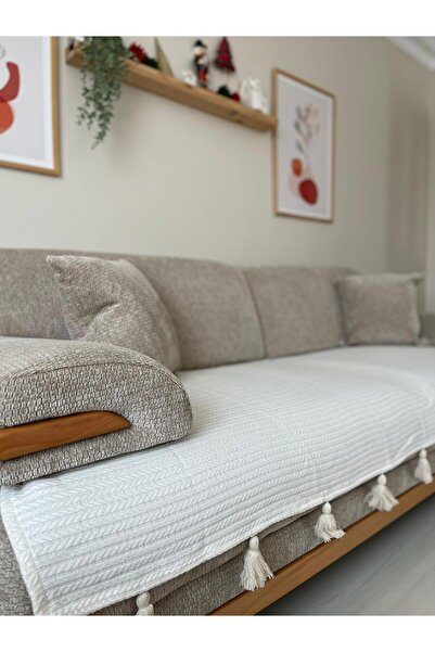 MuHu Home Püsküllü Koltuk Örtüsü Krem[1 Adet 90x210] Yalnızca Oturma Alanına Örtüdür]