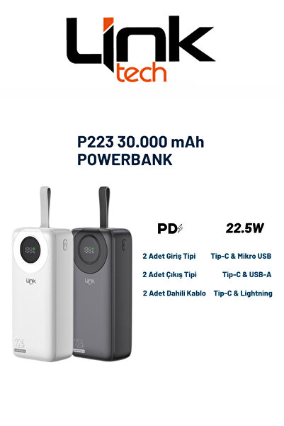Linktech P223 Dijital Göstergeli 30.000 mAh 22.5W PD Hızlı Şarj Özellikli Powerbank