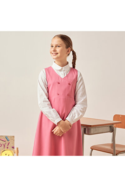 Juniors Solid Pinafore with V-neck and Button Detail