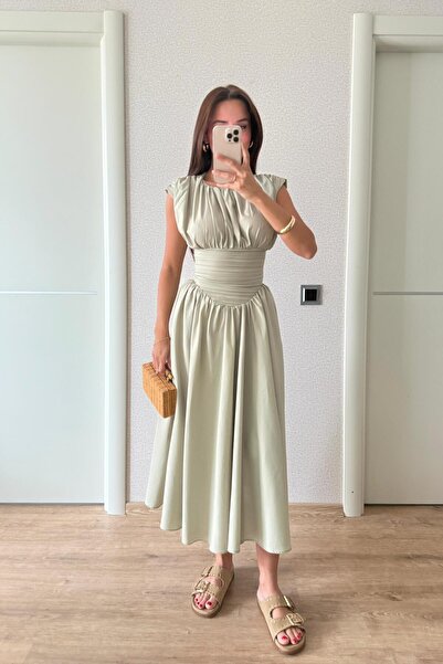 FMN Butik pinterest muadil geniş çan etek bele oturan midi tasarım şık yazlık kısa kollu uzun drapeli elbise