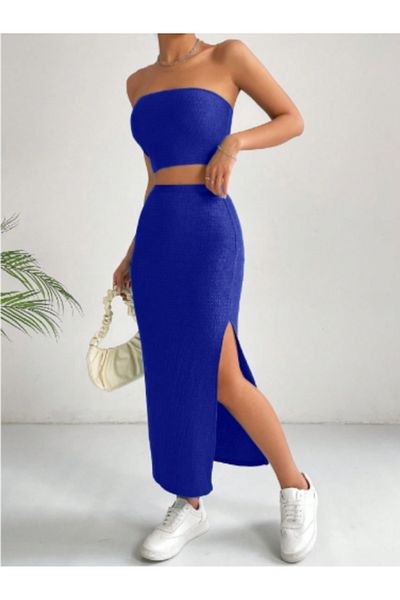 HEREN BUTİK Black Ribbed Strapless Crop Top & High Waist Slit Midi Skirt Set Double Combination