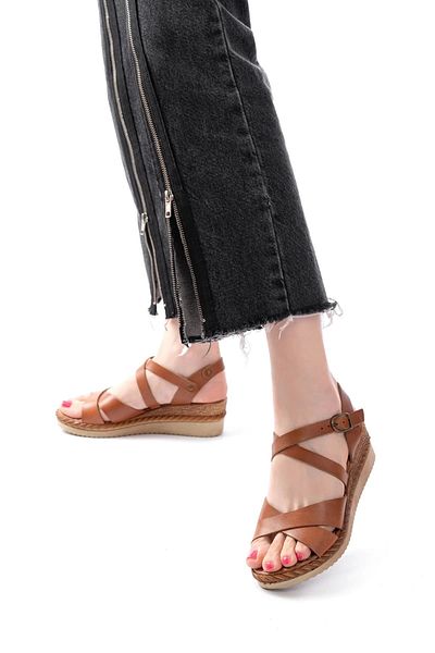 TB Terzi Bey 731-045 Tan Cross Genuine Leather Wedge Heeled Daily Women's Sandals