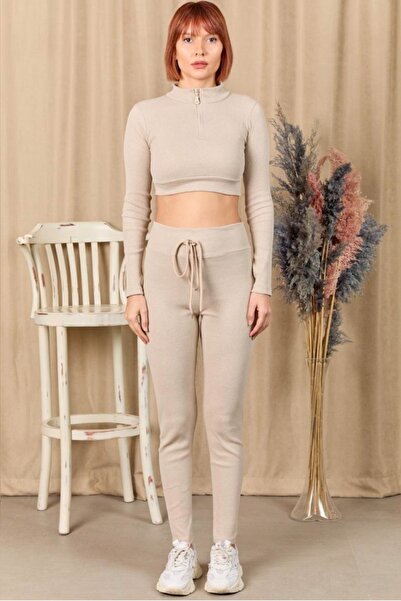 Fermuarlı Crop pantolon ikili Takım
