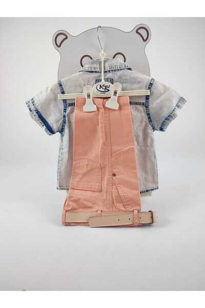 GAMZEAKKUŞ Jeans Shirt, Short Sleeve T-Shirt, Shorts and Belt 4-Piece Boys Set