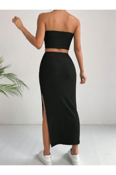 HEREN BUTİK Black Ribbed Strapless Crop Top & High Waist Slit Midi Skirt Set Double Combination
