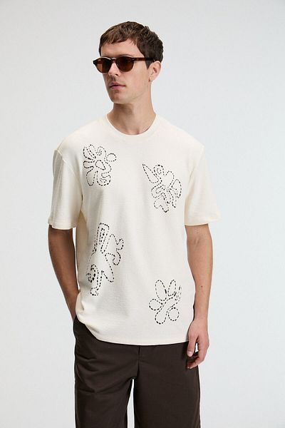GRIMELANGE Baggy Men's 100% Cotton Oversize Fit Printed Short Sleeve Round Neck Vanilla T-Shirt