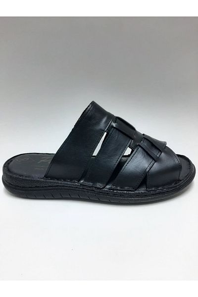 PEKER Genuine Leather Black Daily Open Toe Comfortable Sole Men's Slippers