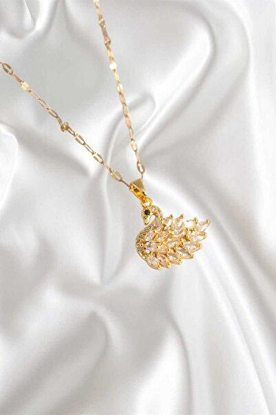 REBORN DESIGN 316L Steel Gold Color Chain Zircon Stone Swan Model Women's Nec...