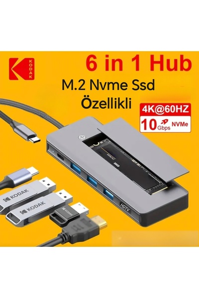 Kodak 6'nın 1'i M.2 Nvme Ssd Fonksiyonlu Çoğaltıcı Hub 10Gbps Type-C Pd 100W ...