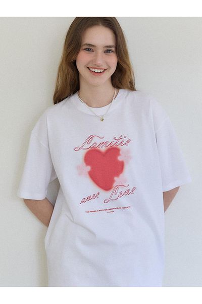 ELNOYA Unisex Cotton White Oversize "Lamitie over Love" Printed Crew Neck Casual T-Shirt