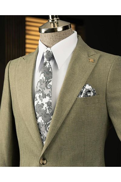 TerziAdemAltun Italian Style Slim Fit Pointed Collar Men's Single Jacket Green T13933