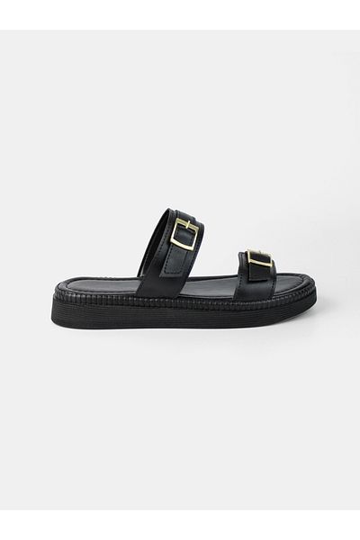 MAGGIO Black Women's Comfortable Sole Double Gold Color Buckle Slippers