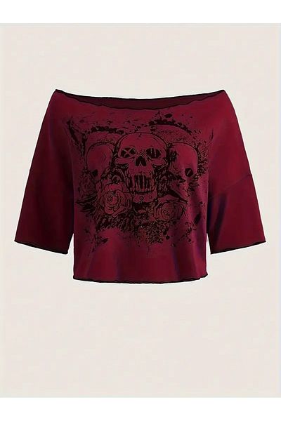 Köstebek Gothic Skulls Off Shoulder Short Sleeve Crop T-Shirt