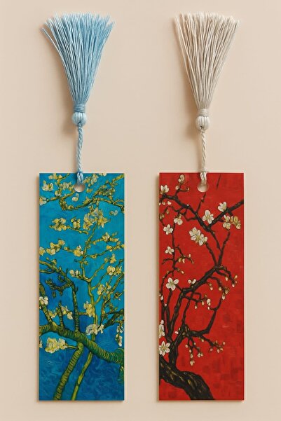 YLDZ Van Gogh Çiçek Açan Badem Ağacı Mavi - Kırmızı Sert Püsküllü İkili Ayraç