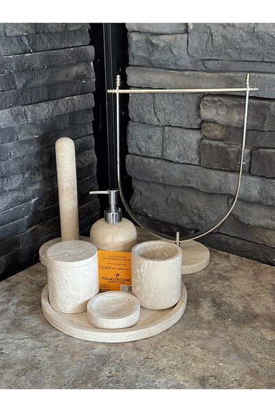 Polen Stone 🛁   مجموعة حمام من الحجر الطبيعي من بولين ستون ترافرتين مكونة من 7 قطع