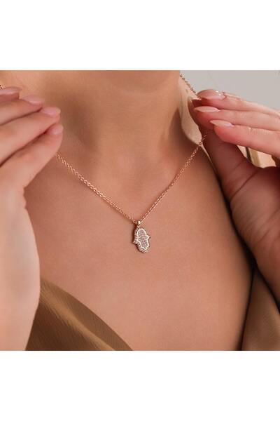 HOBİSY GIFT SHOP Zircon Stone Fatma Ana Hand Necklace – Rose Color Symbol of Luck and Evil Eye