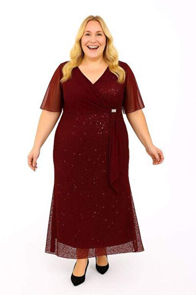 angelino butik Büyük Beden Işıltılı Abiye Elbise KL3099 Bordo
