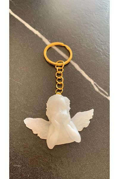 MISS GOLDEN Winged Angel Shaped Pearlescent White Colored Gold Accessory Epoxy Keychain Handmade Gift
