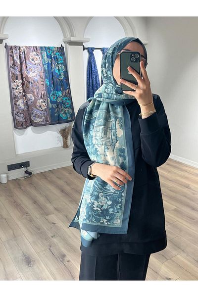 Merwiss Şal de damă cu model de primăvară Sunrise - albastru