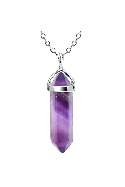 Sprise Colier Lant de Culoare Argintie cu Pandantiv Piatra Lila