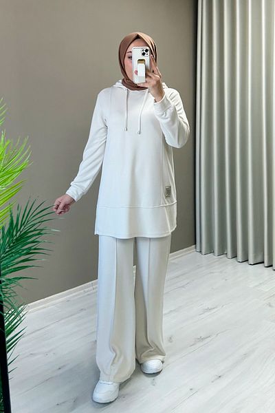 TRİPEN Summer Honeycomb Fabric Stitching Detailed Hooded Double Hijab Suit
