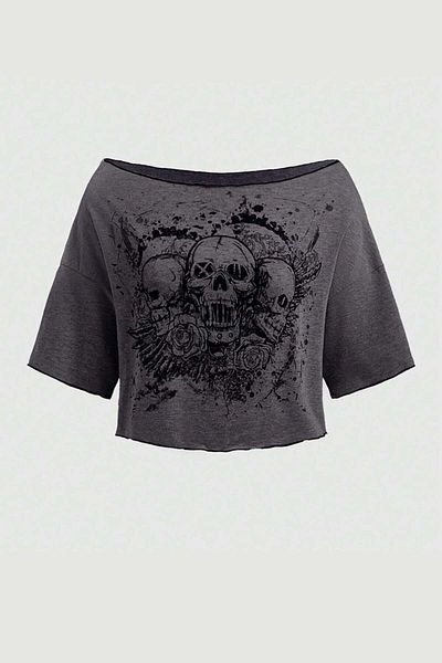 Köstebek Gothic Skulls Off Shoulder Short Sleeve Crop T-Shirt