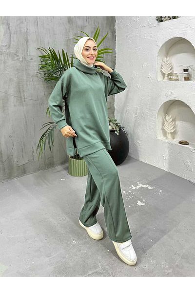 zümrüt moda Two-Piece Tracksuit Set with Side Zipper Detail High Neck Tunic and Pants 1762