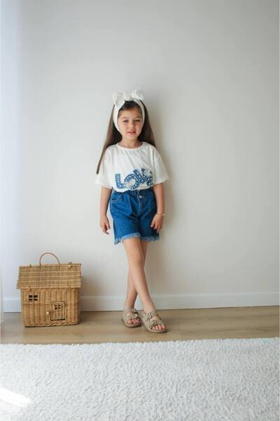 lesa kids wear Love Jeans Embroidered Denim Shorts Girl Set