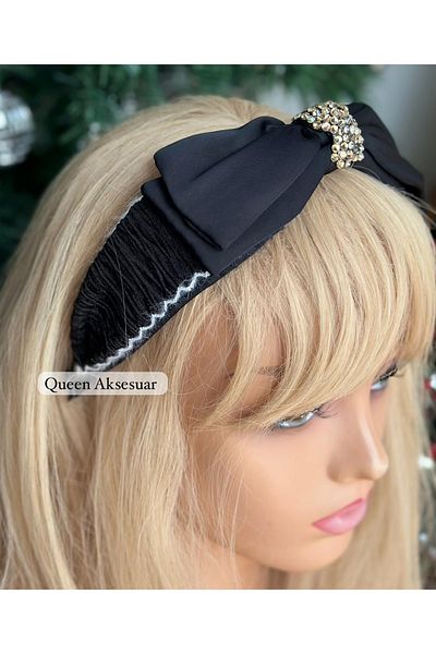 QUEEN AKSESUAR Luxury Design Matte Satin Tiered Bow with Crystal Stone Brooch Gathered Wide Crown Women's Tiara Black