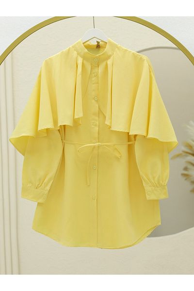 Modamorfo Stand Collar Cape Detailed Poplin Shirt -Yellow