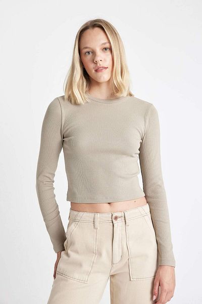 DeFacto Fitted Crew Neck Ribbed Camisole Basic Plain Long Sleeve T-Shirt Y9870Az24Au