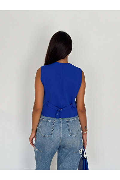 diaves Women's Blue Body Fitting Woven Fabric Lined V-Neck Short Vest