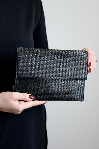 Mimoza Women's Black Evening Dress Clutch Bag – Envelope Form, Stone Detail, Long Strap