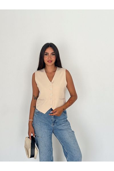 diaves Women's Cream Body Fitting Woven Fabric Lined V-Neck Short Vest