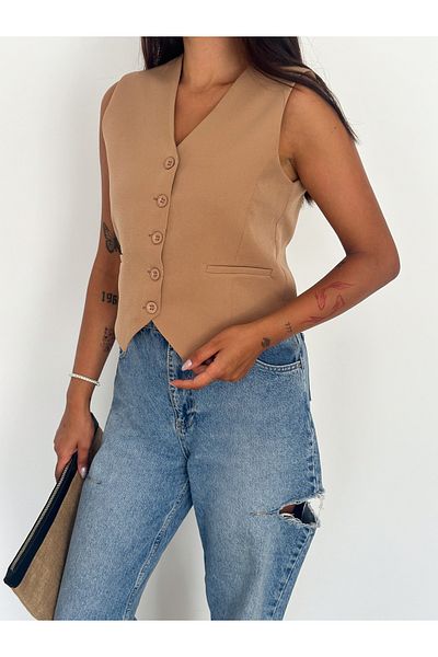 diaves Women's Mink Body Fitting Woven Fabric Lined V-Neck Short Vest