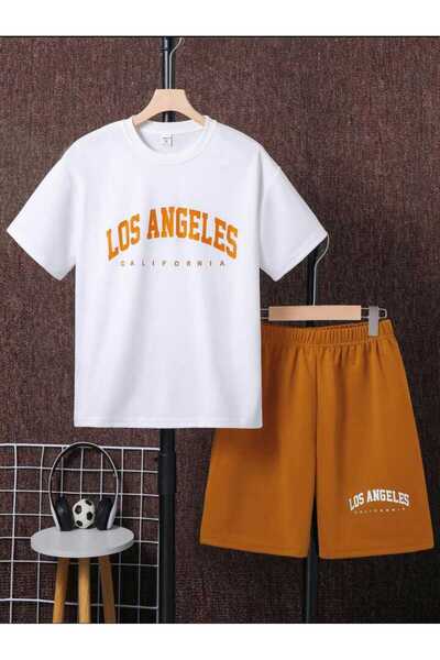 VESTIR BIEN طقم أطفال من لوس أنجلوس كاليفورنيا بني فاتح وأبيض مطبوع صيفي 100%...