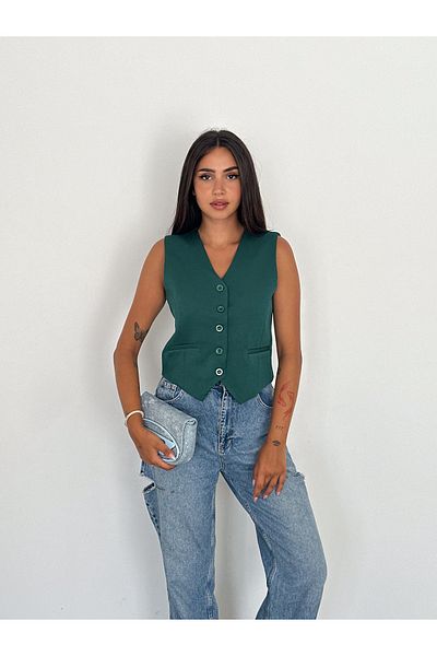 diaves Women's Green Body Fitting Woven Fabric Lined V-Neck Short Vest