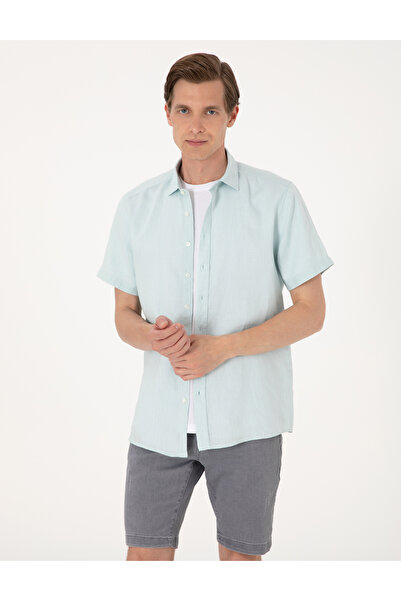 Pierre Cardin Su yeşili %100 Keten Regular Fit Kısa Kollu Gömlek 50305680-VR115