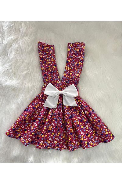 Eylülce Butik Girl's Burgundy Floral Bow Ruffle Strap Salopet Dress (Made from 100% Cotton Fabric.)