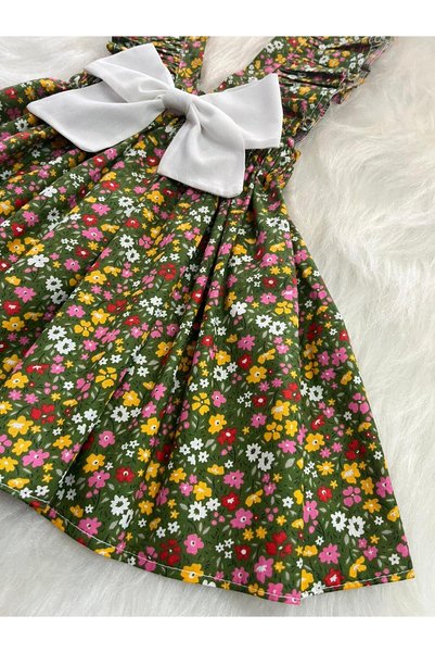 Eylülce Butik ROCHIE SALOPETĂ FETE IARTE VERDE FLOREALĂ CU BRETELĂ (PRODUSĂ 100% ȚESUT BUMBAC.)
