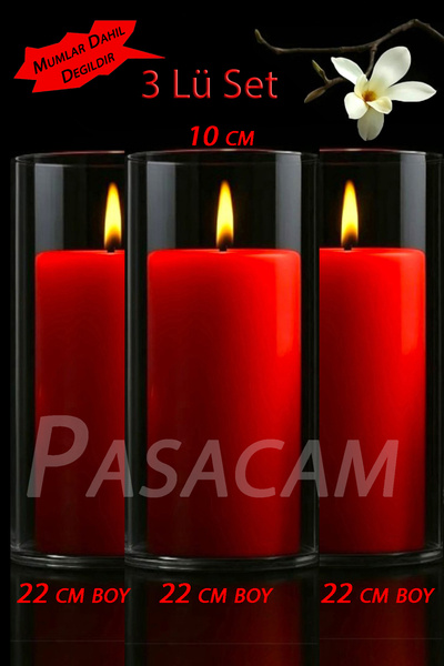 Paşa Cam Cam Vazo Silindir Mumluk 10 Cm Cap 22 Cm Yükseklik 3 Adet