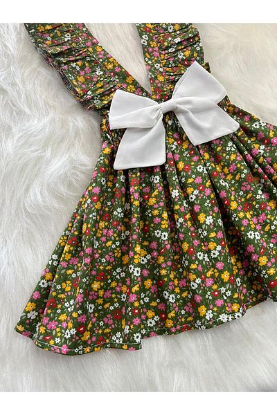 Eylülce Butik Girl's Grass Green Flowered Ruffle Strap Salopet Dress (Made from 100% Cotton Fabric.)