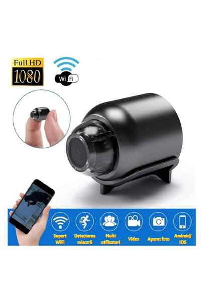 SIKS Mini cameră spion WiFi Full HD 1080p SIKS, unghi larg, detectare mișcare umană prin inteligență artificială