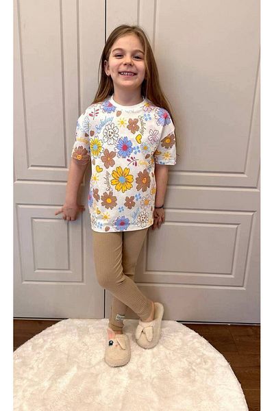 AyCaTa Floral Pattern T-Shirt Ribbed Leggings Girl's Set