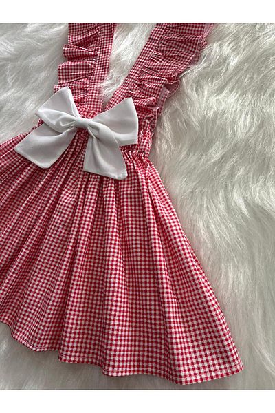 Eylülce Butik Girl's Red Porky White Bow Ruffle Strap Salopet Dress (100% Cotton Fabric)