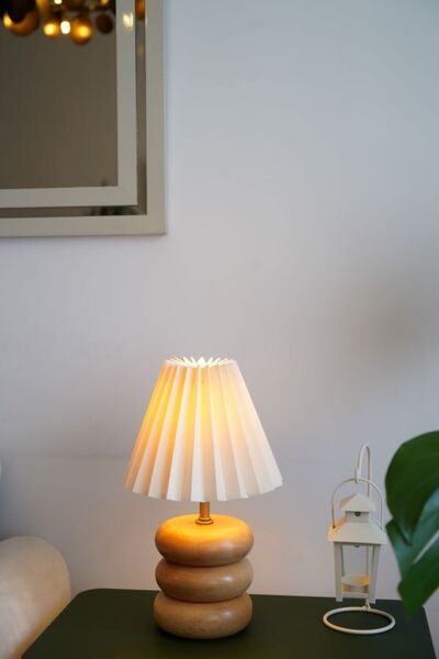 retro home design Doğal Ahşap Model Krem Umbrella Şapkalı Dekoratif Abajur Sa...