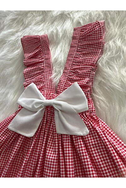 Eylülce Butik Girl's Red Porky White Bow Ruffle Strap Salopet Dress (100% Cotton Fabric)