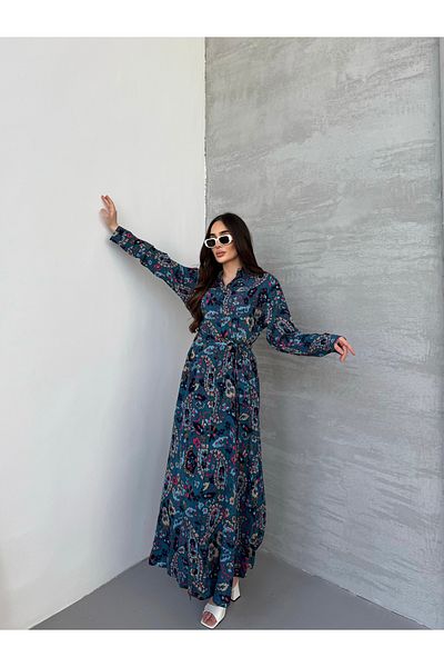 Att Attstil Full Length Blue Floor-Length Shawl Pattern Button Dress